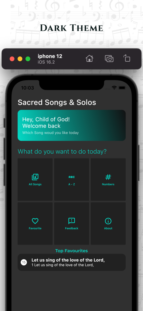 Home screen of the Sacred Songs and Solos hymnal app in dark theme mode