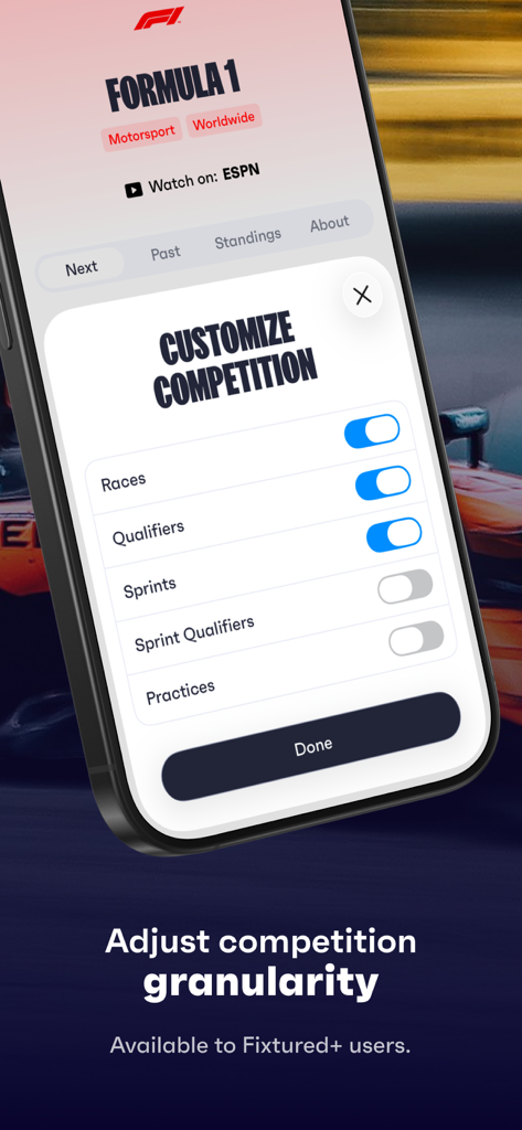 Anpassen der Formel 1-Ereignisverfolgung im Fixtured Sportkalender