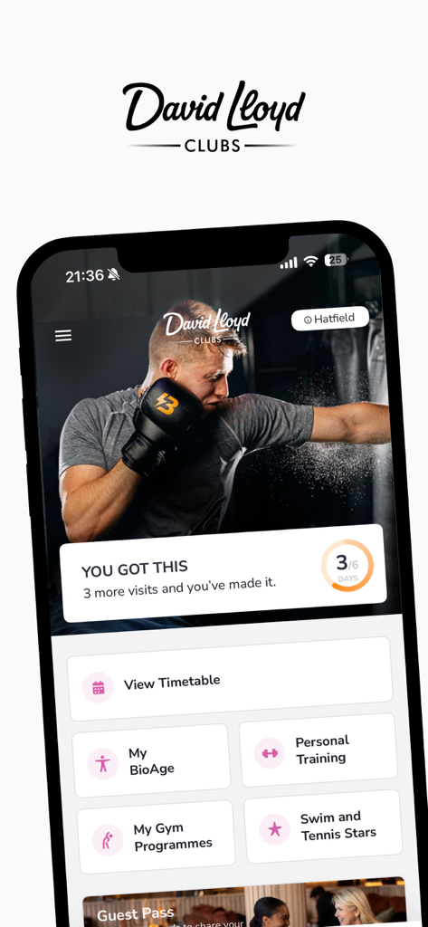 David Lloyd Clubs mobile app interface showing fitness tracking and membership features
