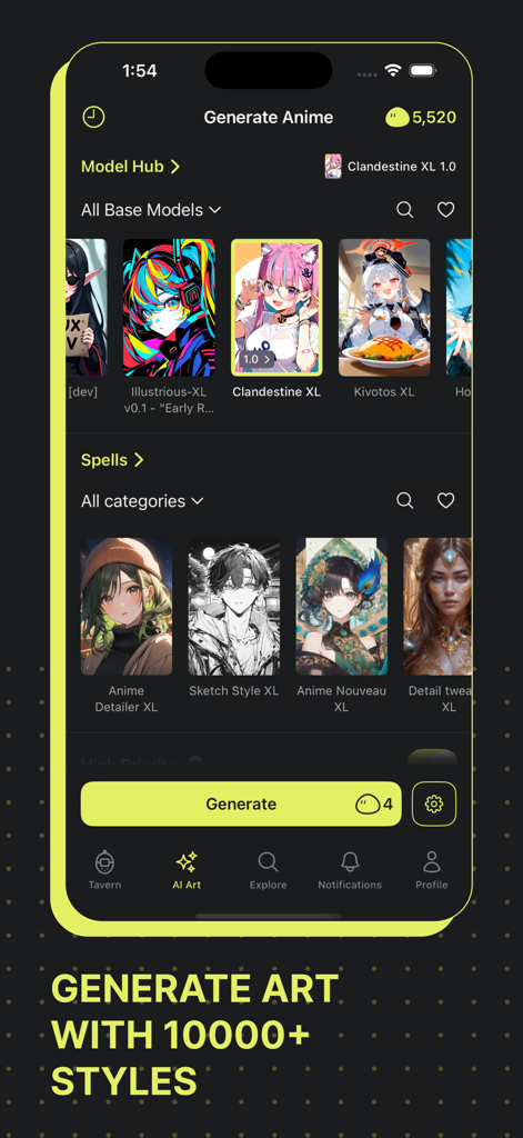 Moescape - Character AI & Art - Interface of the Moescape app showing various anime AI art models and styles for generation