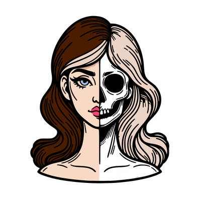 bust of a woman, half face and hair, half skull
