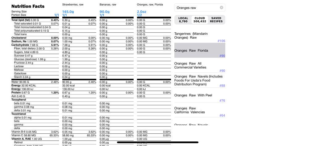 Nutrition Facts Maker - Detailed nutrition facts label comparison for multiple ingredients and food search interface.