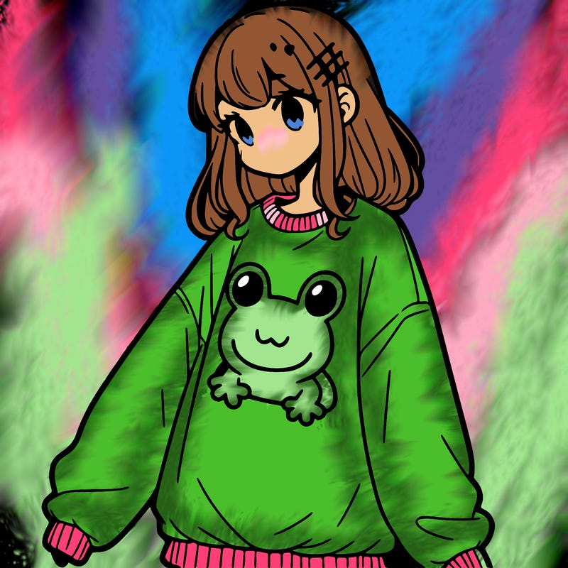 girl wearing frogging sweatshirt