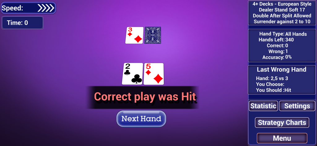 A blackjack basic strategy drill interface showing hand feedback and statistics.
