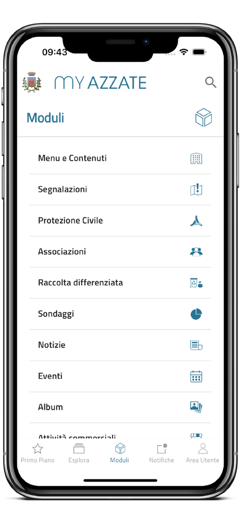 Interface de módulos do aplicativo MyAzzate apresentando serviços locais para cidadãos