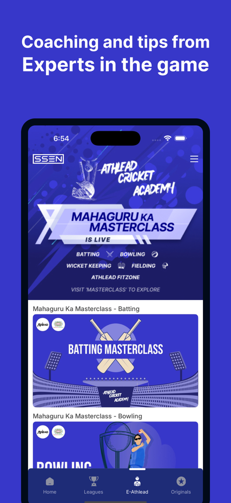 SSEN - Interface de l'application SSEN montrant des masterclasses de coaching de cricket pour le battage et le lancer