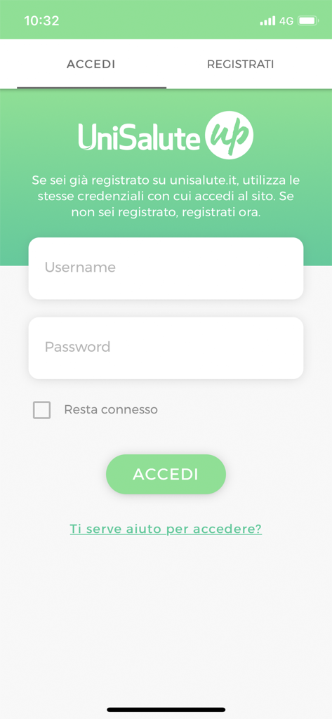The login screen of the UniSalute Up app showing username and password fields on a green and white background