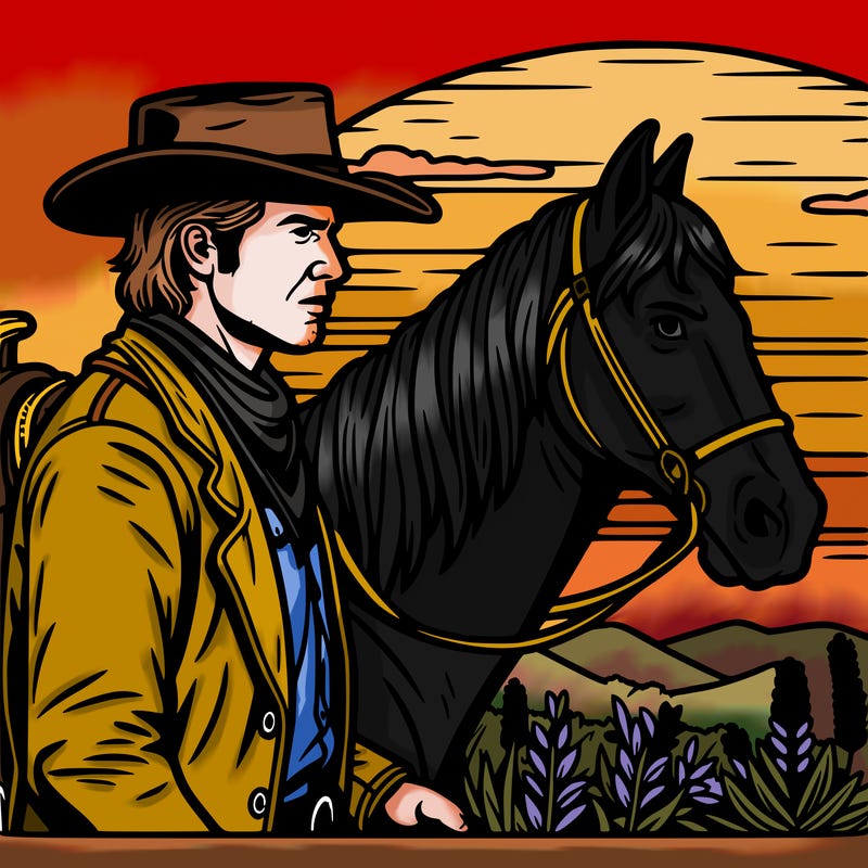 arthur morgan fronted dead redemption two with his horse in a sunset