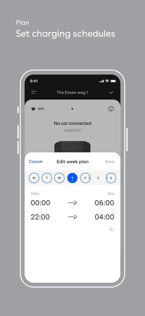 Easee - Interface of the Easee app showing options to set and edit weekly electric vehicle charging schedules