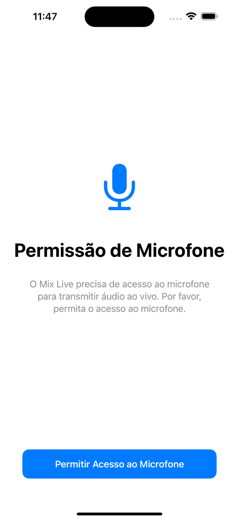 APPRADIO.PRO - Mix Live - Microphone permission request screen in the Mix Live app for live audio broadcasting