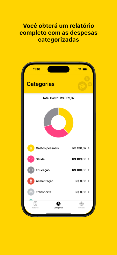 Mil - Mil App-Bildschirm, der einen detaillierten Bericht über kategorisierte Ausgaben mit einem Tortendiagramm und Ausgabenübersichten zeigt.