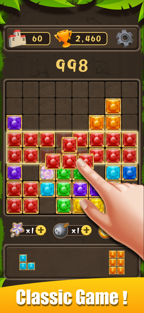 Blokus - Block Puzzle Game - ブロクス クラシック パズル ゲームの8x8グリッドに赤い宝石ブロックをドラッグする手。