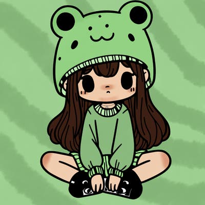 a girl wearing a frog hat and some frog socks