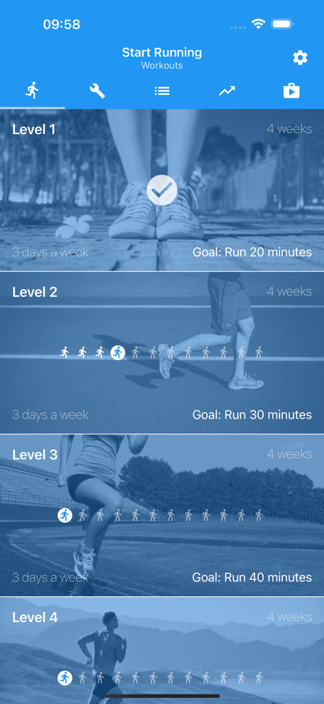 Start Running For Beginners - Mobile app interface showing four levels of a beginner running program with time goals ranging from 20 to 60 minutes.