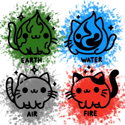 4 cats that represent the different elements, earth, water, air, and fire