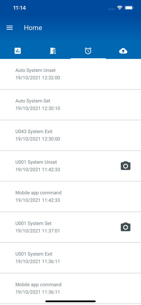 Eaton SecureConnect - Event log screen of the Eaton SecureConnect security app showing a history of system sets and unsets