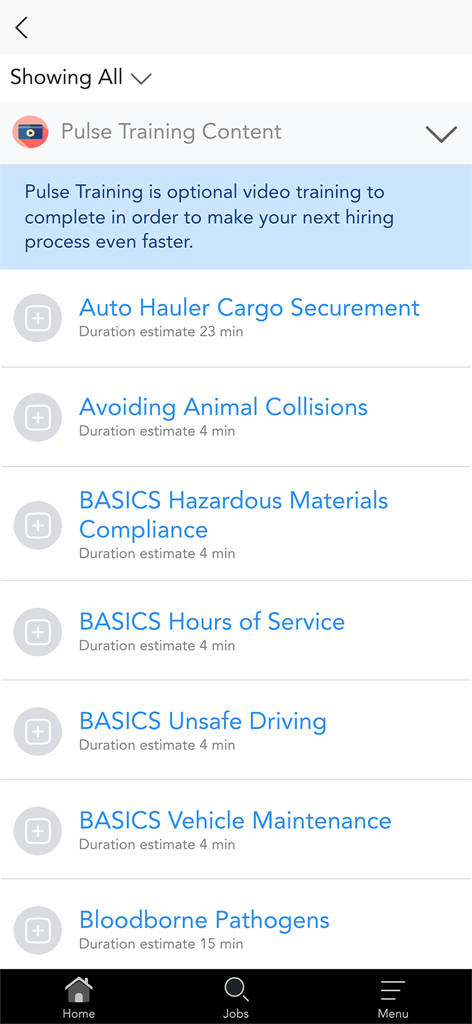 A list of optional video training courses for commercial drivers in the Driver Pulse app including safety and compliance topics.