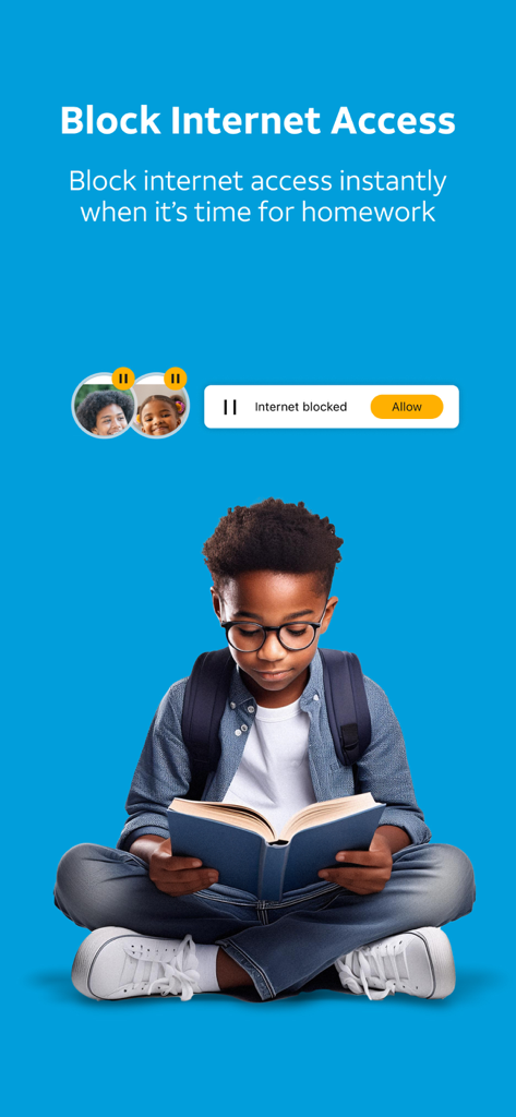 AT&T Secure Family app screen showing internet access blocked for a child reading a book