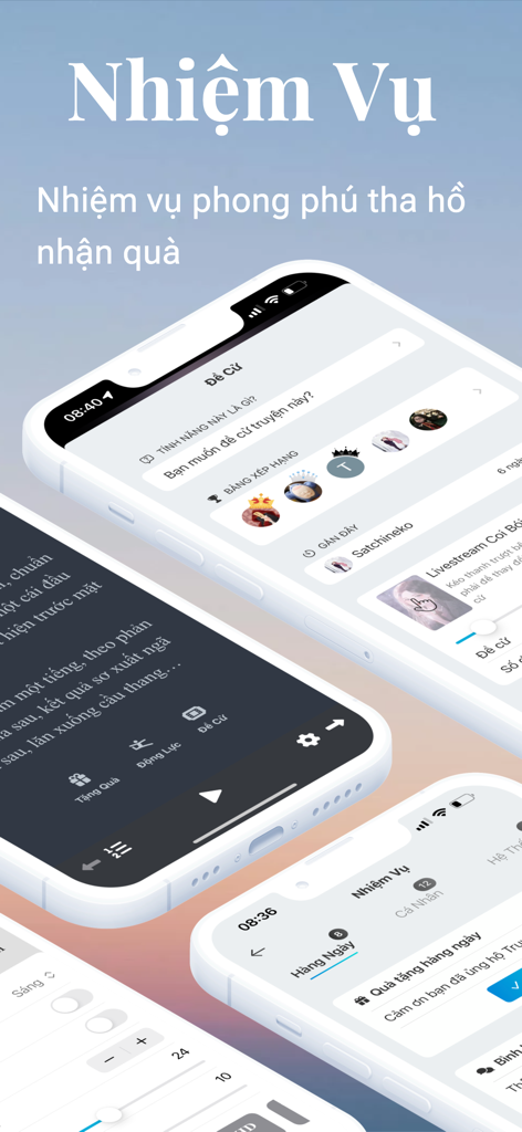 TruyenHD 스토리 읽기 앱의 작업 및 리더보드 기능을 표시하는 스마트폰 화면.