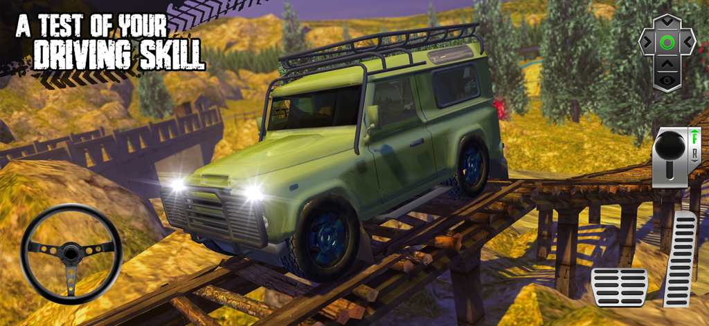 Cross Country Trials - A green 4x4 vehicle driving on a narrow wooden bridge in the Cross Country Trials game