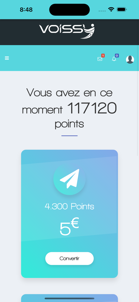 Écran du tableau de bord des points de récompense de l'application mobile Voissy montrant un solde de 117 120 points et une option pour convertir 4 300 points pour une récompense de 5 euros.