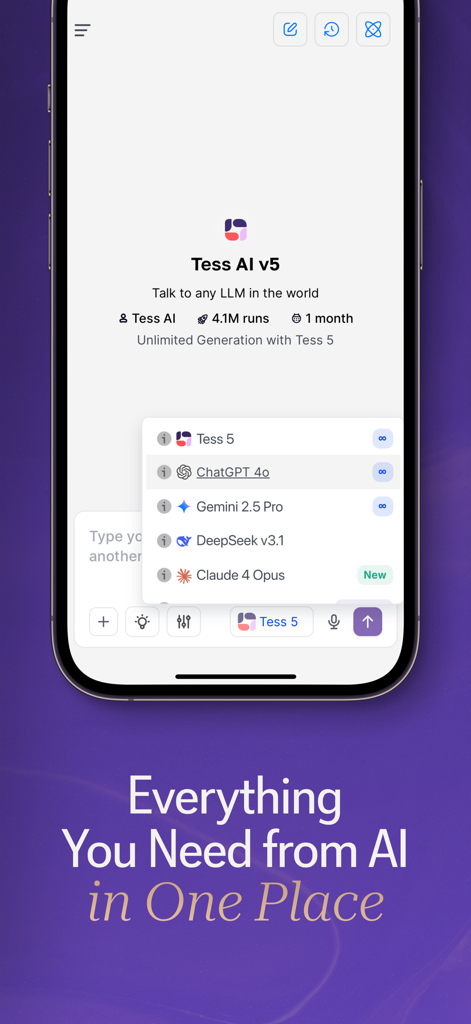 Tess AI - Tess AI mobile app showing a list of AI models in one chat interface