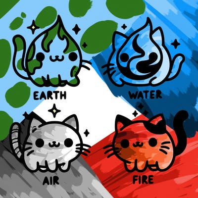 4 cats that represent the different elements, earth, water, air, and fire