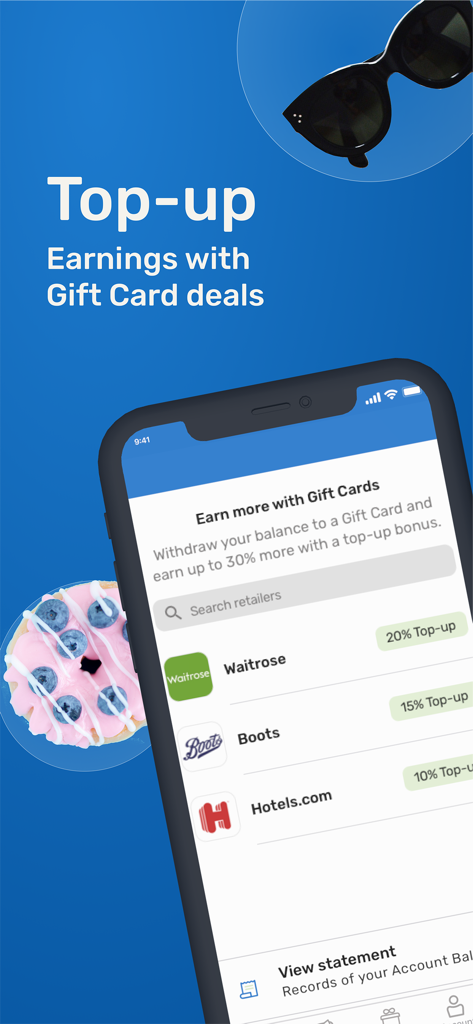 Pantalla de la aplicación Quidco que muestra bonos de recarga de tarjetas de regalo para minoristas importantes como Waitrose y Boots