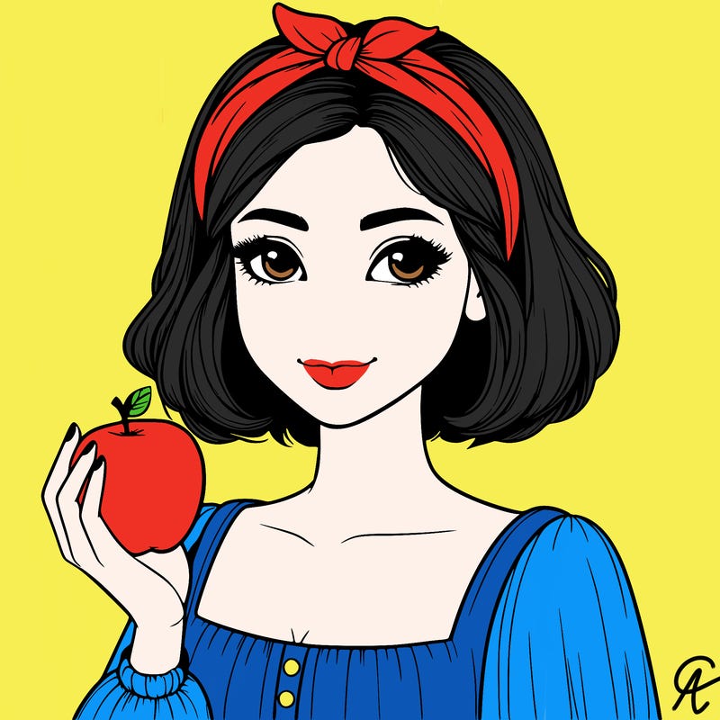 a woman with medium short hair, wearing a headband with a small bow, carrying an apple in her hand, realistic