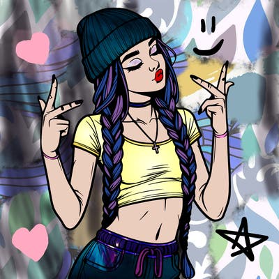 realistic teenage girl with braids and a beanie and crop top doing 🫶🏼