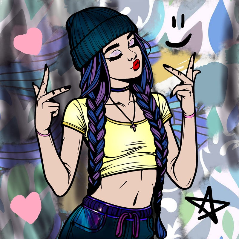 realistic teenage girl with braids and a beanie and crop top doing 🫶🏼