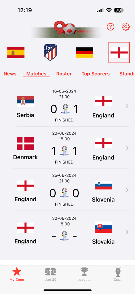 90MIN - Interfaz de la app 90MIN mostrando calendarios y resultados de partidos de fútbol para la selección de Inglaterra