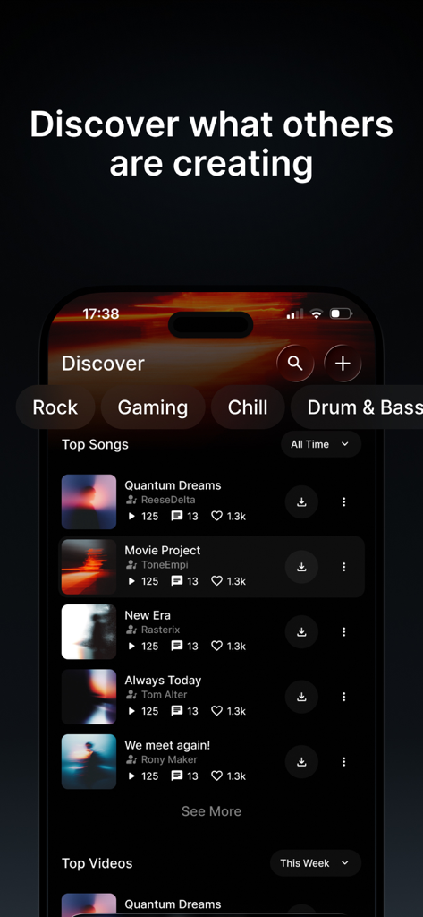 Mozart AI: AI Music Studio - Interfaz de la aplicación Mozart AI mostrando el feed Descubrir con las mejores canciones categorizadas por géneros como Rock y Gaming.