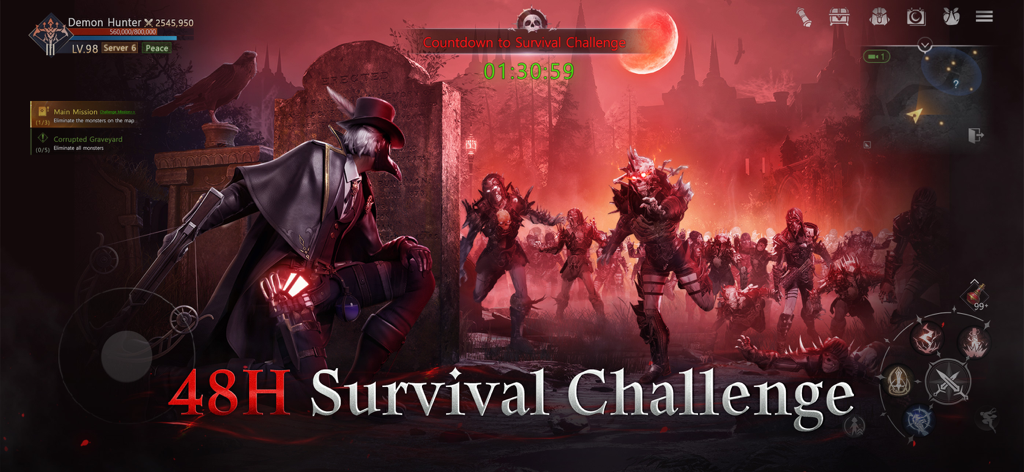 Age of Ashes: Dark Nuns DE - A demon hunter character facing a horde of skeletons in a dark graveyard survival challenge