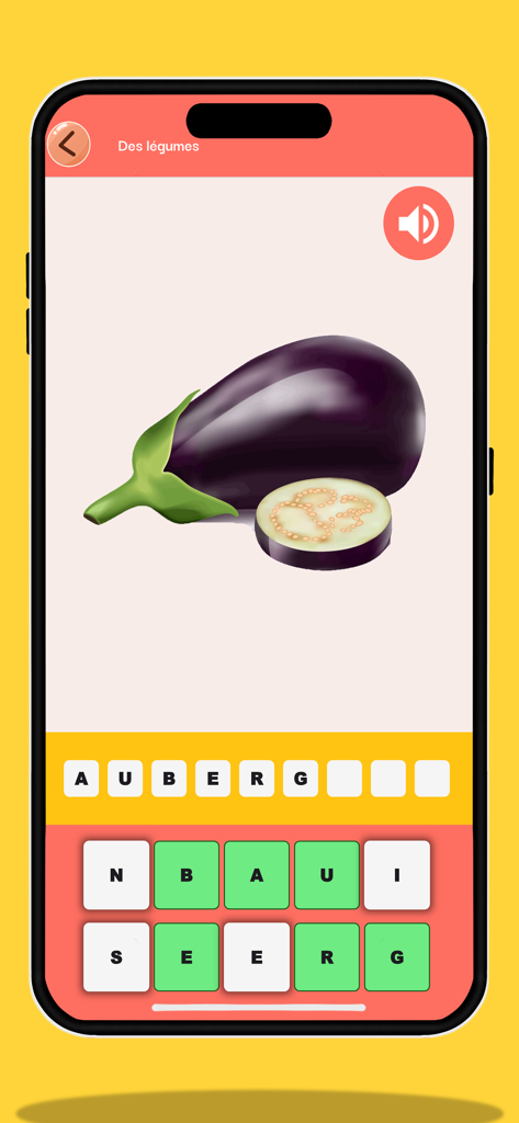 Aplicación de aprendizaje de idiomas francés para niños que muestra un juego de ortografía con una ilustración de berenjena y fichas de letras.