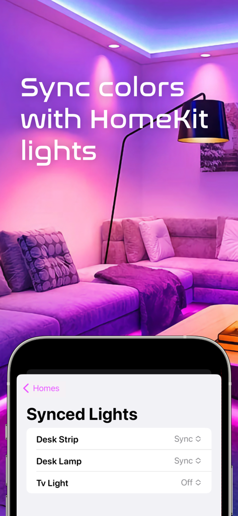 Interface do aplicativo Space UI para sincronizar cores futuristas com luzes domésticas inteligentes HomeKit