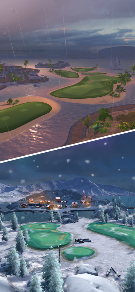 Golf Impact - Real Golf Game - Dynamic weather effects in Golf Impact featuring rain on a tropical course and snow on a mountain course