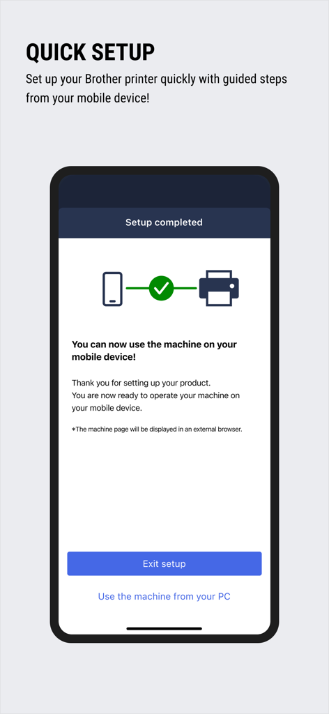 A smartphone screen showing a successful printer setup completion message in the Brother Mobile Connect app.