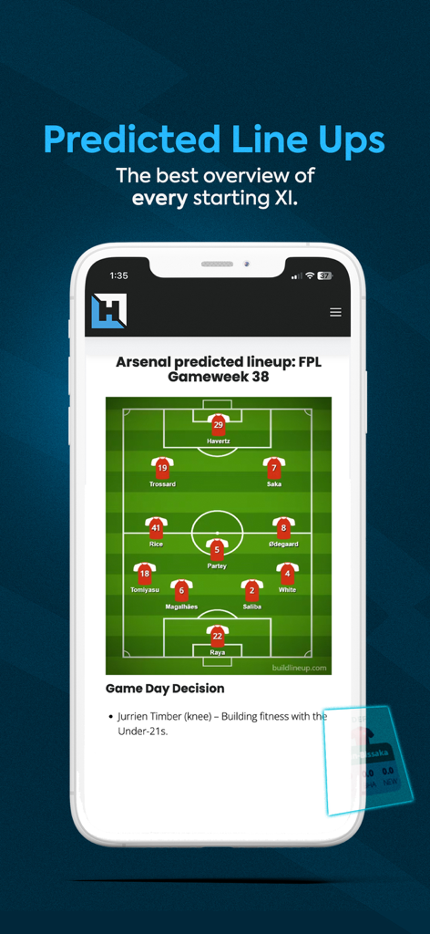 Arsenal predicted starting lineup for FPL gameweek 38 on the Fantasy Football Hub app