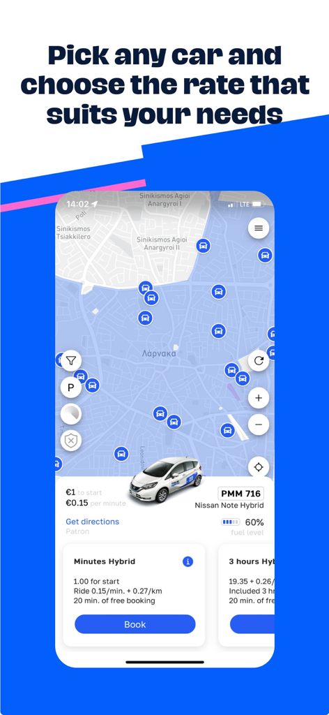 RideNow - Carsharing - RideNow app screen showing available rental cars on a map and booking options for a hybrid vehicle