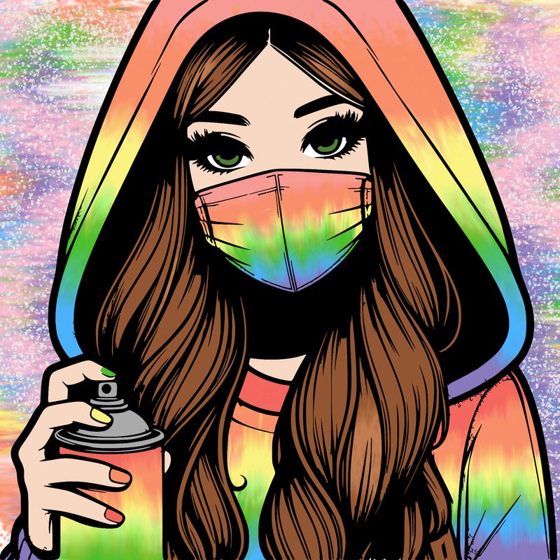 girl wearing a mask with long hair with her hood up spray-painting realistic