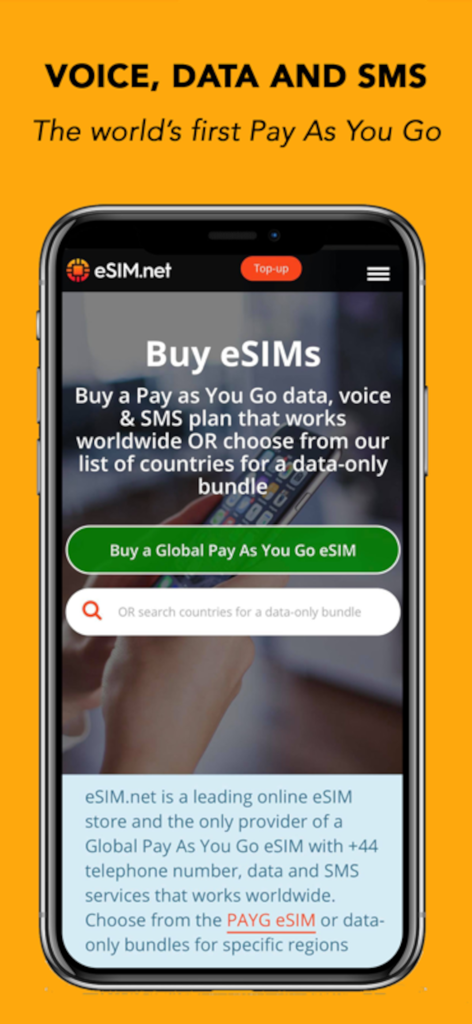 eSim.net - La interfaz de la aplicación eSim.net para comprar planes de eSIM globales de pago por uso que incluyen voz, datos y SMS