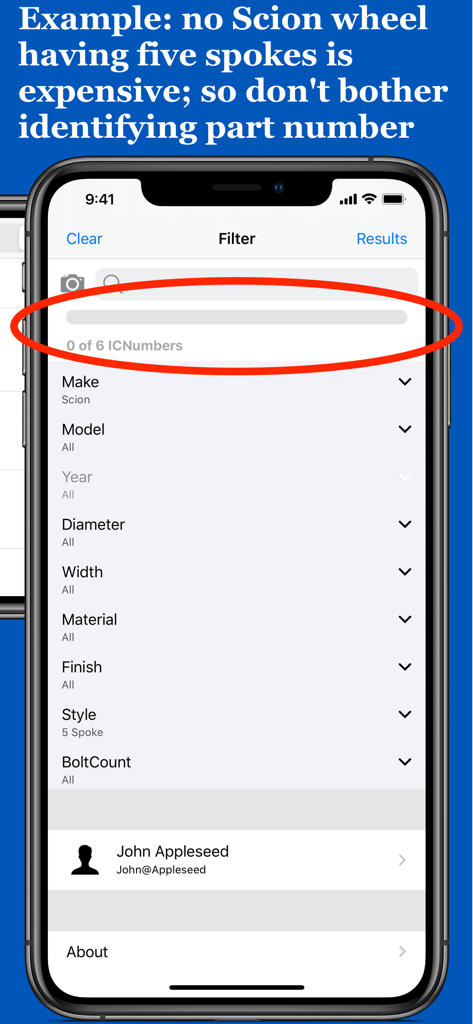 WheelSpotter - Écran de filtre de l'application WheelSpotter avec un indicateur de valeur de rebut pour une roue Scion à cinq rayons.