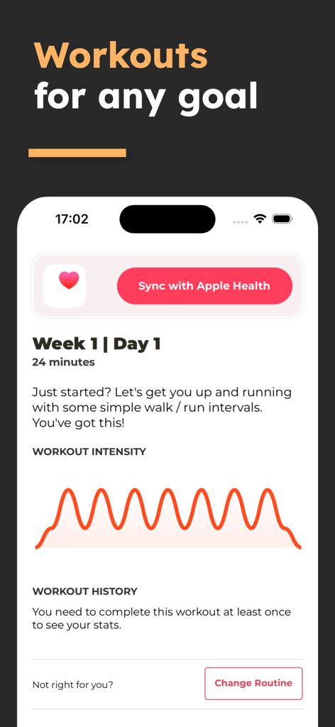 Treadmill Workout: Running - Bildschirm der Laufband-Workout-App, der einen geführten Laufplan und eine Intensitätsgrafik zeigt