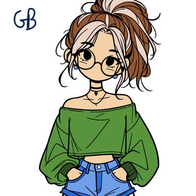 girl with a messy ponytail glasses a baggy crop top and jean shorts