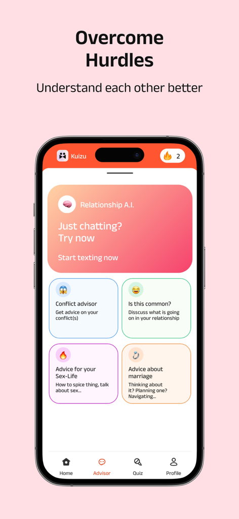 Kuizu: Couples Relationship AI - Smartphone displaying the Kuizu app AI advisor screen with options for relationship advice, conflict resolution, and intimacy tips.
