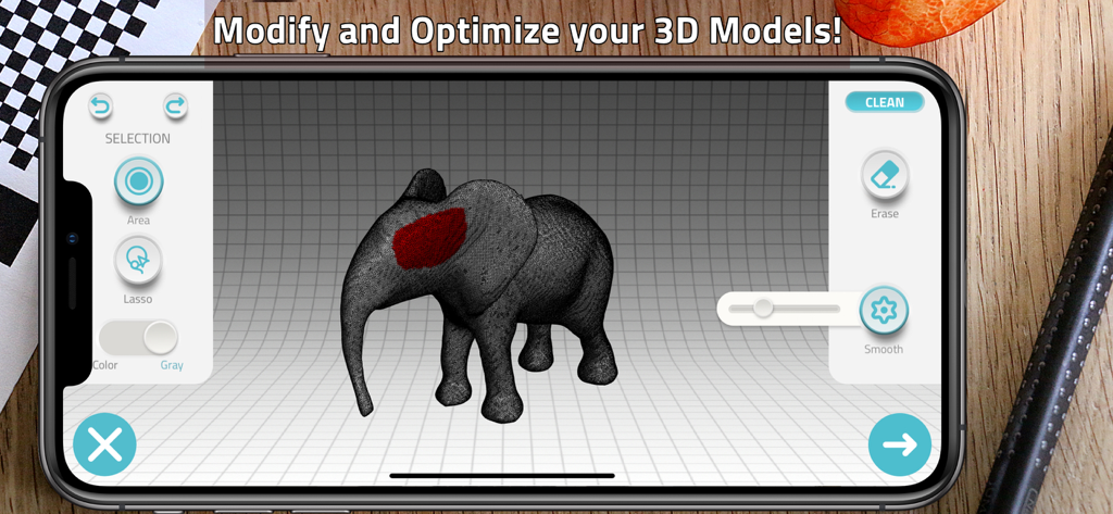 Smartphone screen showing the Qlone 3D Scanner app interface for modifying and optimizing a 3D elephant model