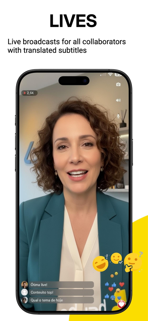 Beehome-App-Oberfläche mit einer Live-Unternehmensübertragung mit Kommentaren und Reaktionen von Mitarbeitern