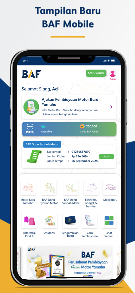 Dashboard of BAF Mobile app displaying motorcycle financing details and rewards points.
