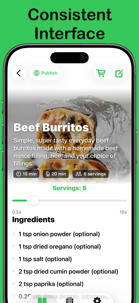 Cook-Book | Ai Powered Recipes - Cook-Book app interface showing a beef burrito recipe with ingredient list and serving adjustments